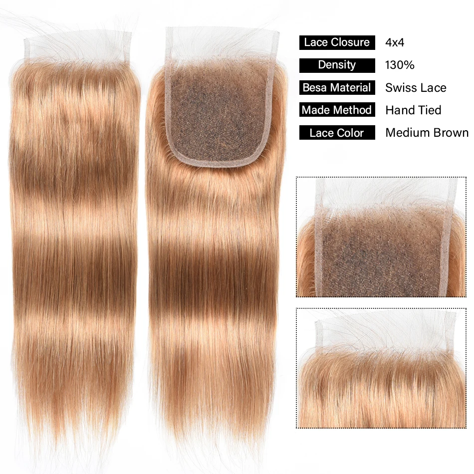 Мёд светлые пряди с закрытием Remy 27 бразильские вплетаемые волосы прямые
