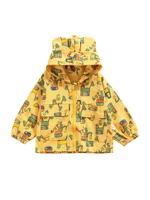 kids zipper open front jacket cartoon excavator printed pattern hooded jacket beige yellow