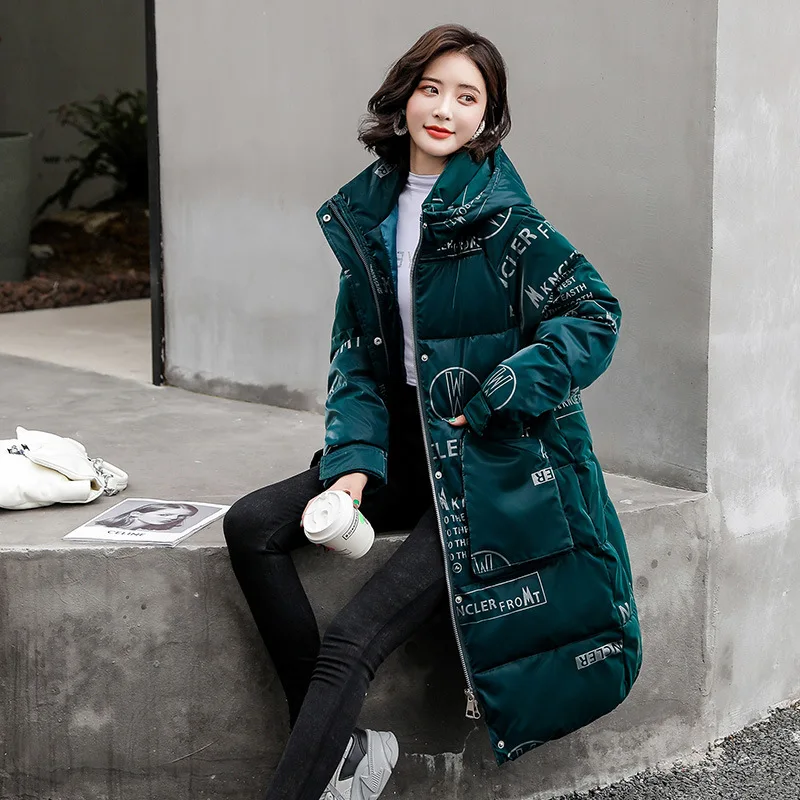 Long Glossy Printed Letters Down Cotton-Padded Jacket 2022 New Women's Hooded Winter Parkas Ins Thick Warm Puffer Coats