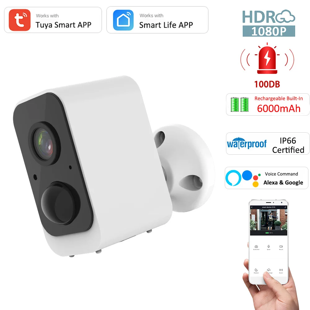 

Tuya Alexa Google Wireless Outdoor Security Rechargeable Battery Powered Camera 1080P Indoor Security 100DB Siren Cameras 135°