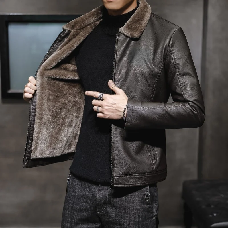 

New Thick Leather Jacket Mens Winter Autumn Men's Jacket Fashion Faux Fur Collar Windproof Warm Coat Male Brand Clothing