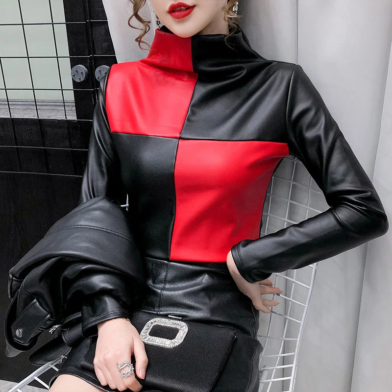 

Womens fashion plus size turtleneck blouse patchwork plaid slim pullovers PU leather shirt women warm velvet elastic ladies tops