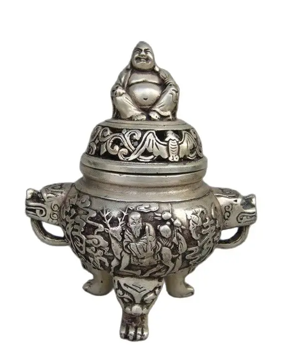 

MOEHOMES 6"Decorated antique Tibet Silver Sitting Buddha statue censer home decoration metal handicraft incense burne