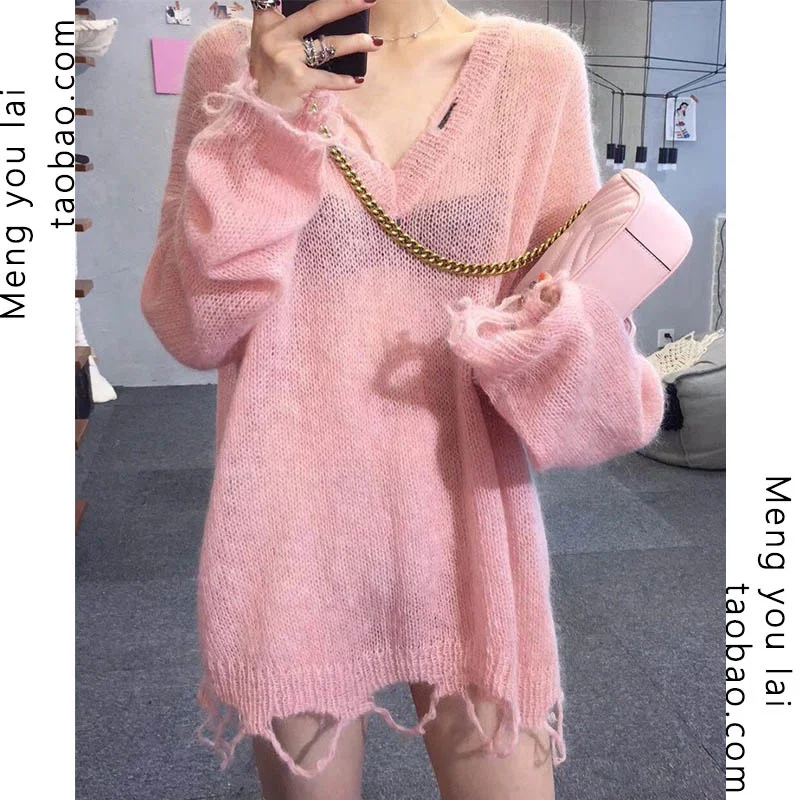 

Осенняя милая и Пряная свободная вязаная одежда в ленивом стиле Женский дизайнерский нишевый шикарный мохеровый топ с V-образным вырезом