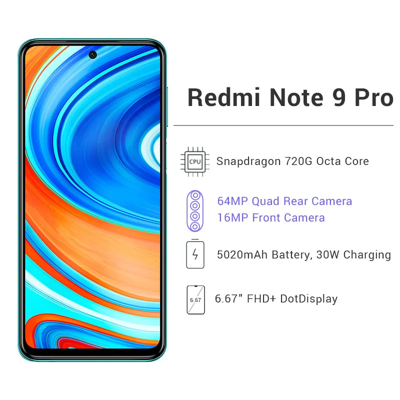 Global Version Xiaomi Redmi Note 9 Pro 6GB 128GB Smartphone NFC Snapdragon 720G Octa Core 64MP Quad Camera 6.67" 5020mAh Phone |