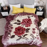 high quality double layer thick soft wedding polyester winter warm rose printed pattern raschel blankets for beds