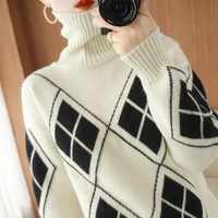 autumn and winter new high neck cashmere sweater womens pullover loose thick rhombus wool base color matching sweater