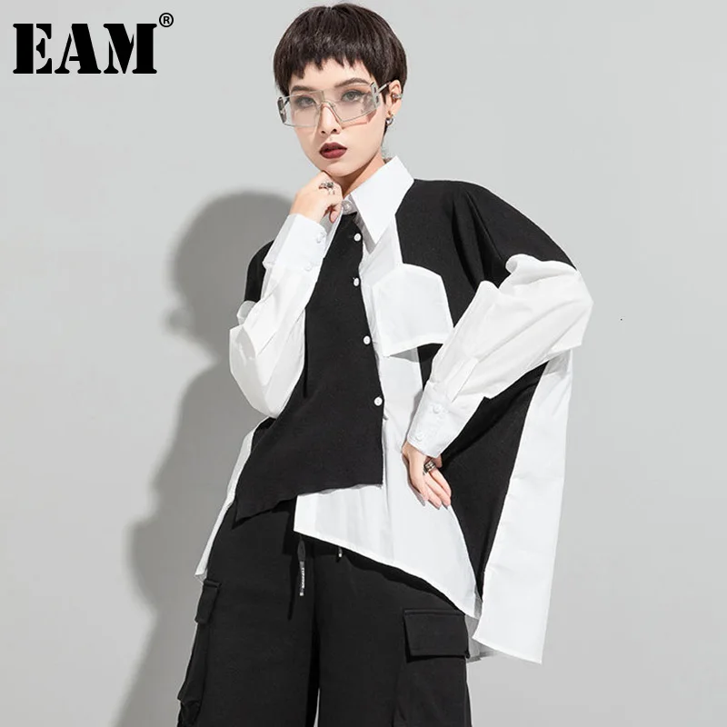 

[EAM] Женская Асимметричная блузка контрастных цветов большого размера, новая свободная рубашка с длинными рукавами и отворотом, модная деми...