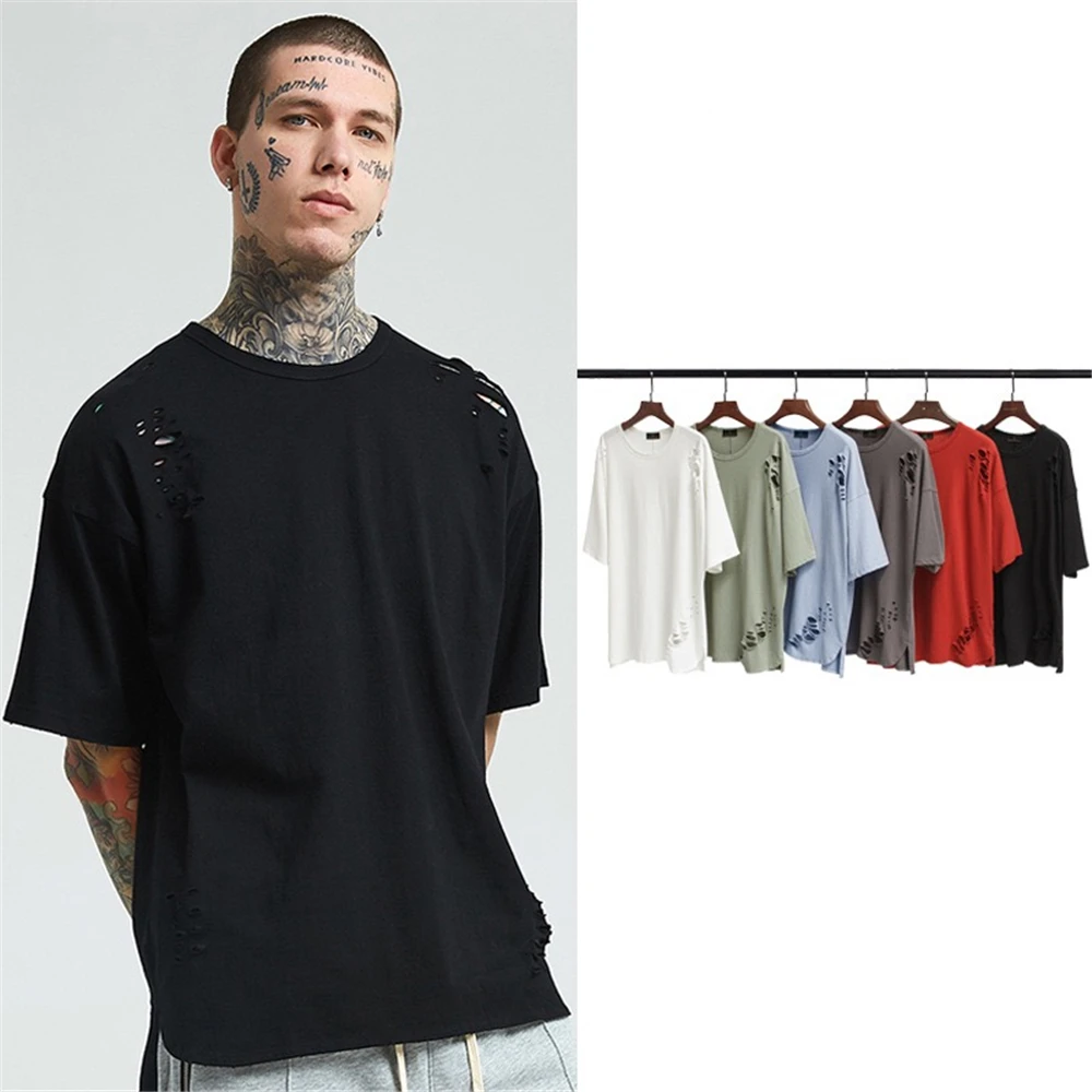 

Summer trend men's personality cotton hole t-shirt fashion street tide brand casual loose round neck solid color short sleeve
