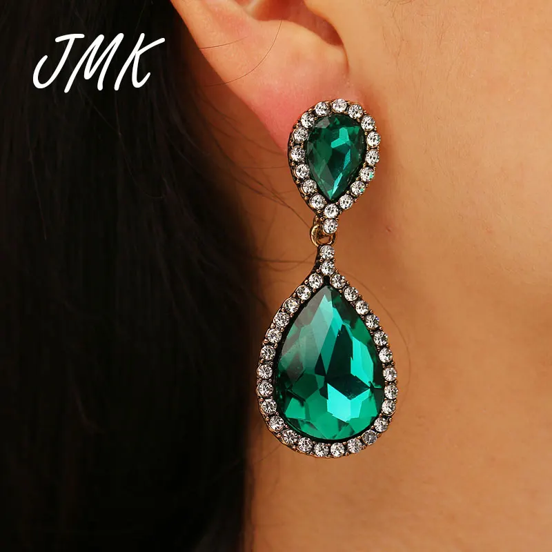 

JMK Luxury Emerald Crystal Dangle Earrings 18k Gold Green Zircon Water Drop Pendant Jewelry For Women Bridal Wedding Party Gift
