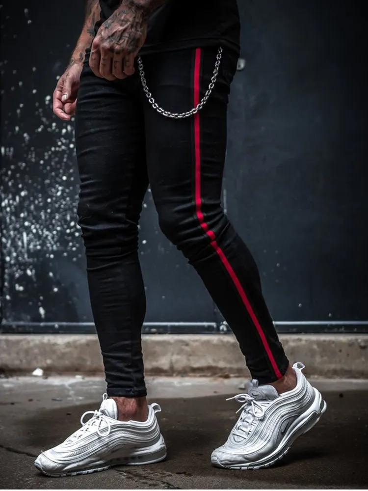 

Men's Fashion Mid-Waist Lace Jeans Skinny Casual Jeans Side Stripes Pencil Pants Hip Hop Jogging Jeans Men