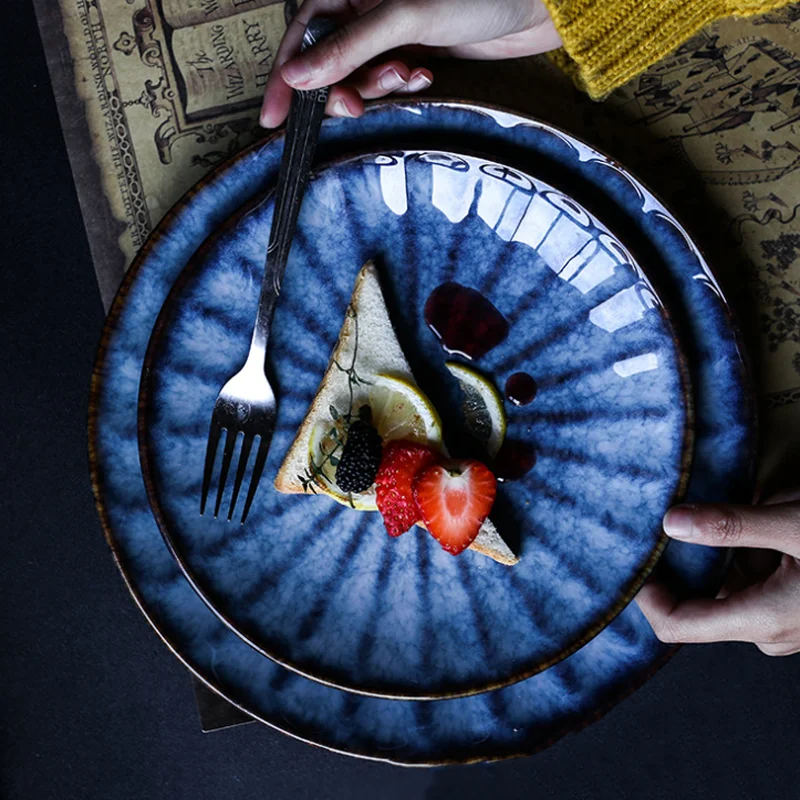 

Темно-синяя керамическая тарелка, обеденные блюда, блюда в японском стиле, основная обеденная тарелка, домашняя керамическая тарелка для ст...