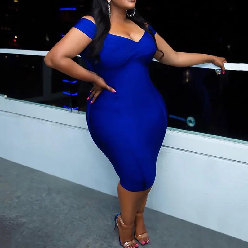 Королевский синий облегающее платье большого размера 2019 элегантное женское миди