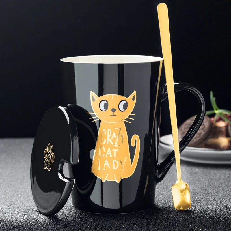 Керамическая кружка с рисунком кота ложкой и крышкой для домашних животных