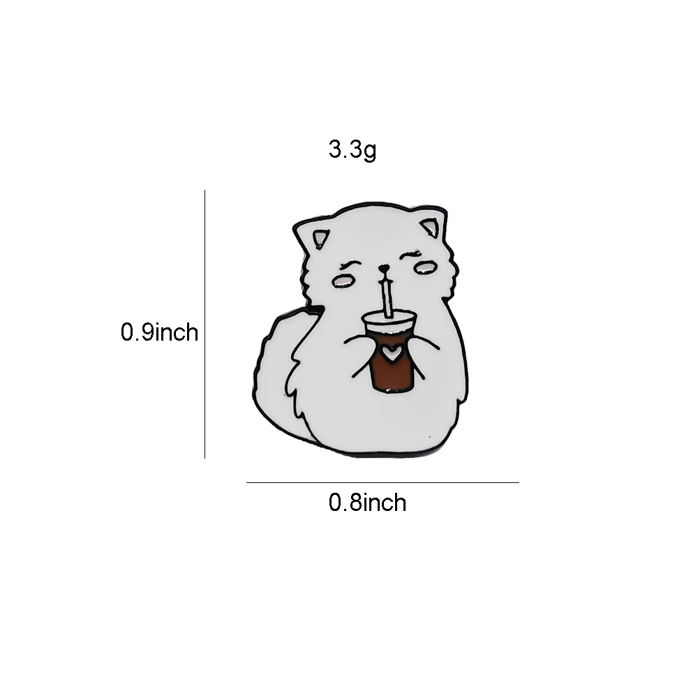 Брошь с милым рисунком животного, черный металл, эмаль, кошка пьет из чашки, размер около 0,9 * 0,8 дюйма, вес "3,3 грамма".