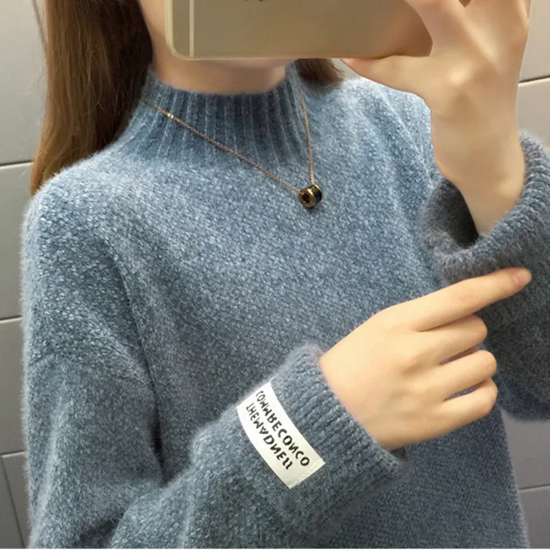 

Korean Version Half-Turtleneck Knitted Sweater Women Loose Soft Long Sleeve Female Pullovers 2020 Winter Lazy Solid Sweater Girl