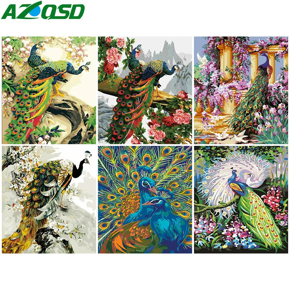 

Картина AZQSD Раскраска по номерам животных ручная роспись современного искусства стены Раскраска по номерам ручной работы с павлином; Украш...
