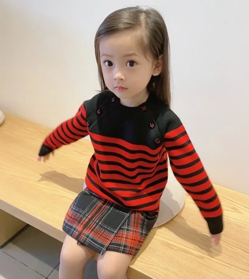 Girls' Set fashion 2pcs knitted pullover sweater + plaid skirt high quality cashmere blend sweater for autumn and winter