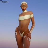 yiallen summer sexy mesh see through patchwork high necked bodysuit women backless panelled female elastic swimsuit apparel