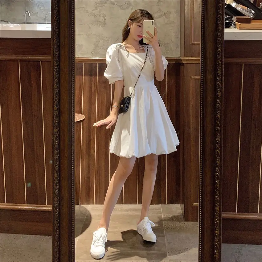 

Summer Mini Dress Women White Puff Sleeve Korean Style Fairy Dress Bows Chiffon Japan Style Kawaii Elegant Vintage Party Dress