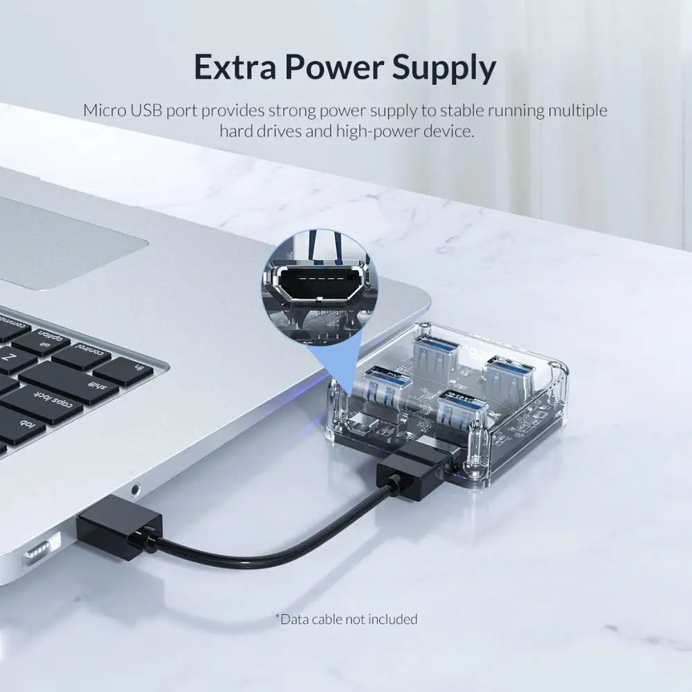 

ORICO Transparent USB 3.0 HUB 4 Ports High Speed USB Splitter with Power Charging Interface for Windows Mac Linux Laptop PC