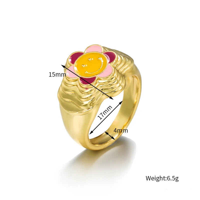 

Stainless Steel Drop Oil Smiley Flower Rings 18K Gold Vintage Colorful Flowers Finger Rings For Women Girls Fashion Jewelry Gift