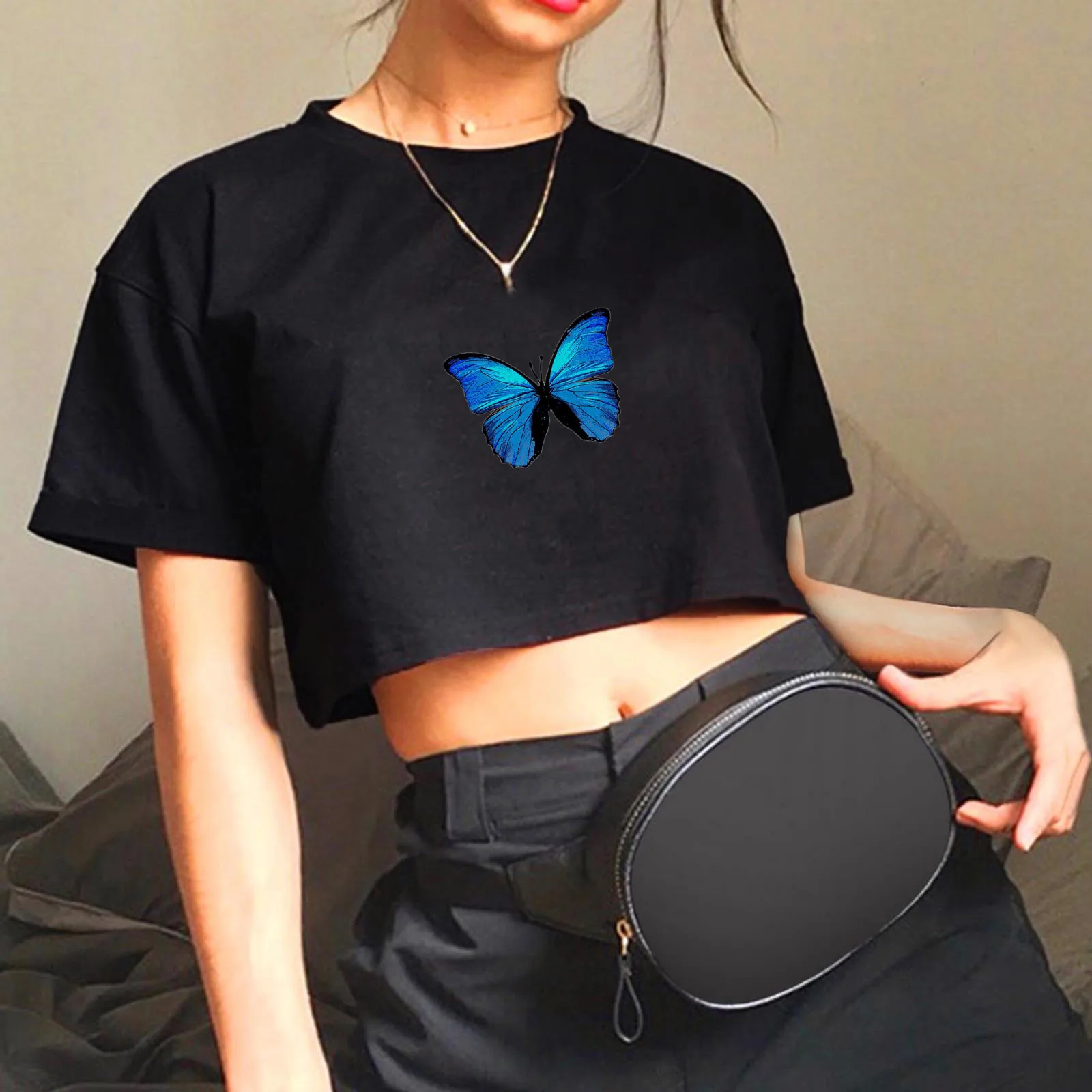 

Women Tops Butterfly Printed High Waist Crop Short Sleeve Gothic Blouse Vrouwenkleding Ropa de mujer cappotto