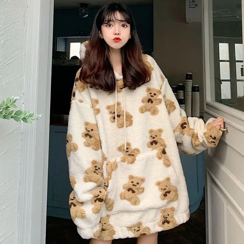 

Women hooded sweatshirt lamb wool velvet bear hooded sweater loose Korean lazy style autumn and winter ins student jacket 2021