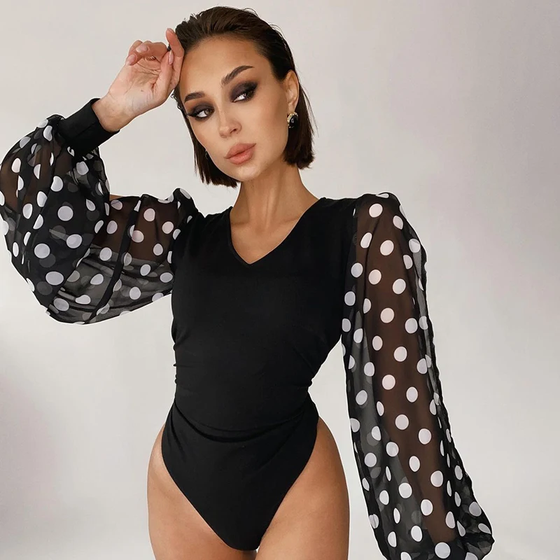 

Dot Print Patchwork Long Sleeves Chiffon Sexy Bodysuit Women Black Solid Elegant Bodycon Playsuit Ladies Casual V Neck Iamhohtty