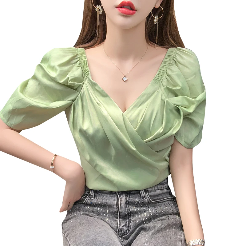 

Summer Women's Puff Sleeve Shirt Fashion V-neck Sexy Chiffon Shirt Female Short Section Solid Color Short Sleeve Shirt Top GD552
