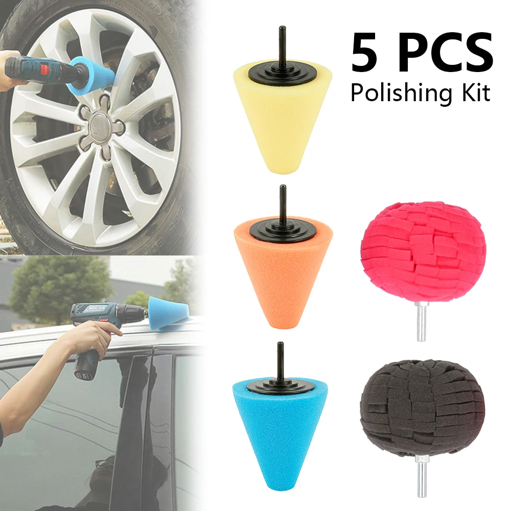 

5PCS Car Tyres Foam Polishing Sponge Buffing Pad Car Polisher Tires Wheel Hub Polishing Tool Machine cone-shape Wheel