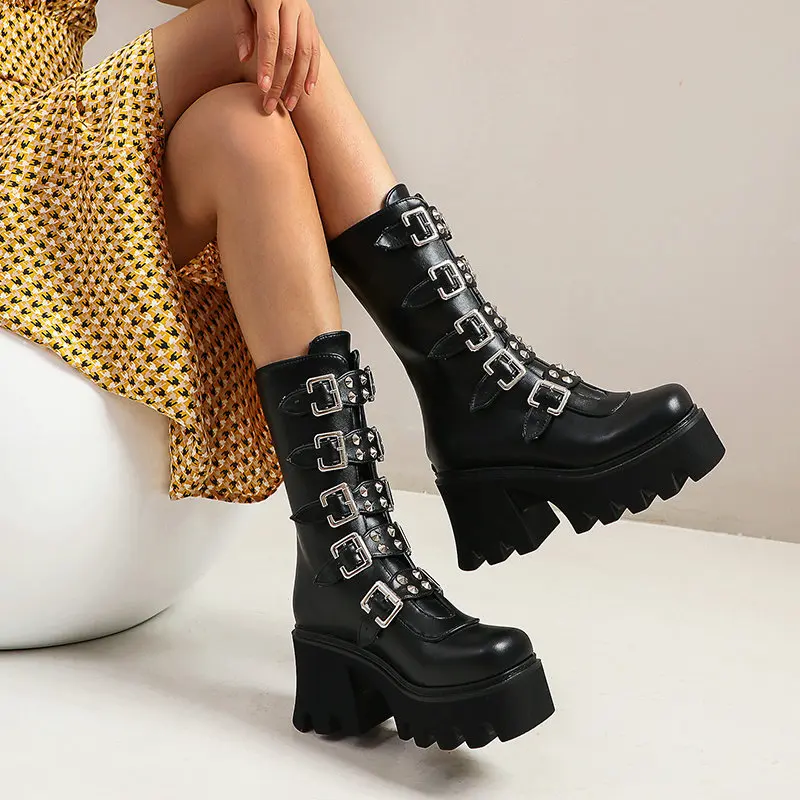 

Brand New Motorcycle Boots Women Platform Chunky High Heels Rivet Buckle Women's Boots 2021 Fashio Punk Botas De Mujer