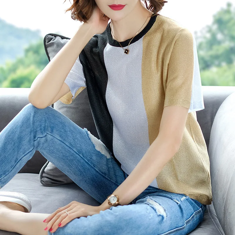 

2021 Summer Ice Silk Cotton Thin Knitted Tops Women O-neck Short Sleeve Loose Shirt Korean Casual Patchwork Femme Jumper