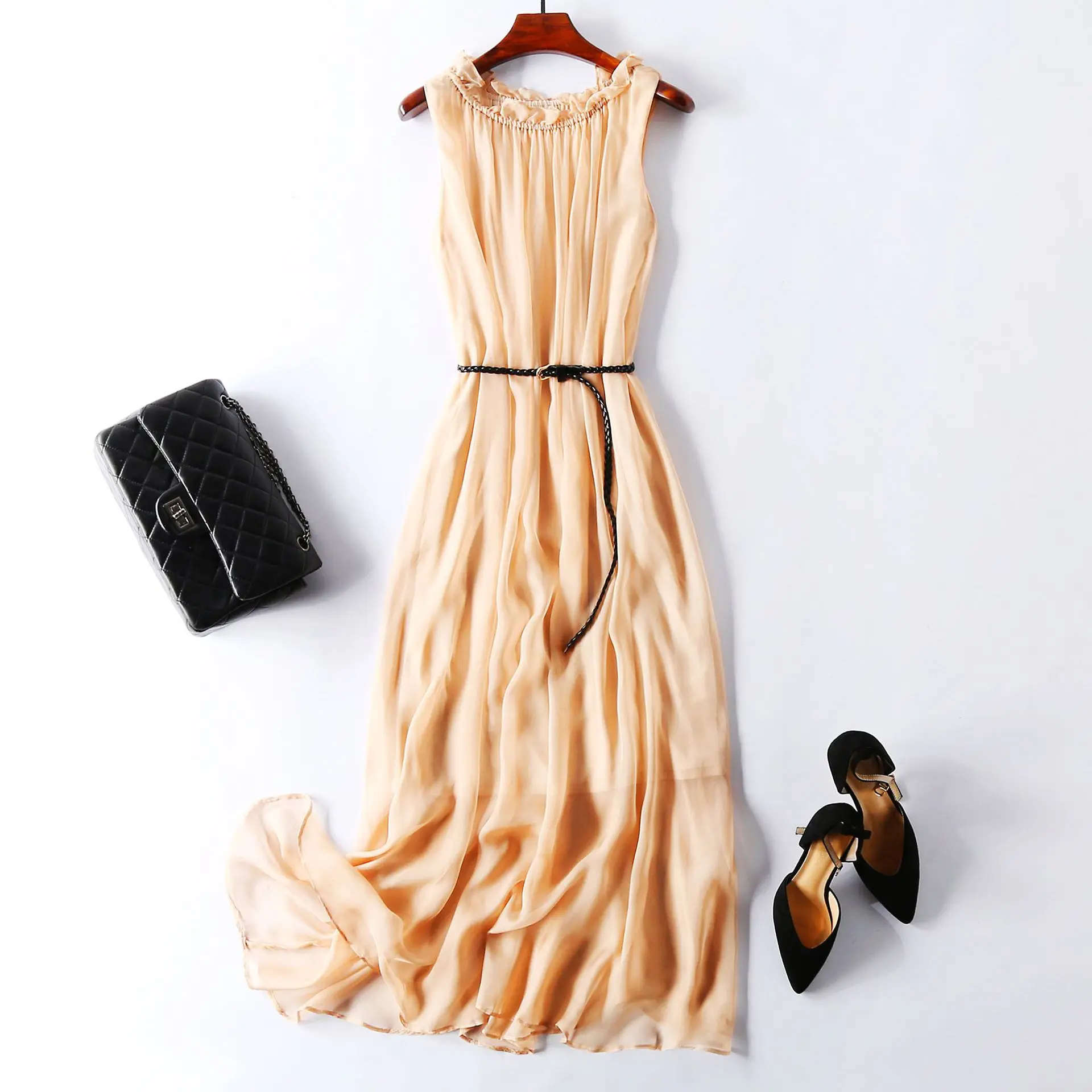 

Pure Silk Dresses For Women Summer 2021 Elegant Sleeveless Ruffles Pleated Beach Maxi Dress Woman