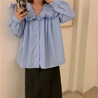 qweek kawaii blouse women puff sleeve ruffle top peter pan collar shirt button up shirt blue office ladies korean style cotton