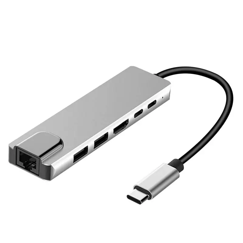 Горячая 6-в-1 USB-C концентратор многопортовый адаптер концентратор USB Type C адаптер док-станции с 4K HDMI RJ45 Ethernet Lan USB C - Цвет: Серебристый