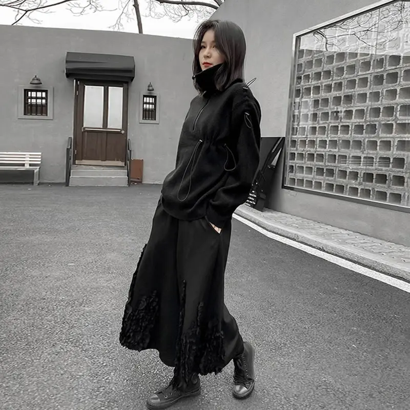 

XITAO Patchwork Wrinkles Casual Pants Women Tide Fashion New Style Elastic Empire Waist Match All Wide Leg Loose Black DZL2640