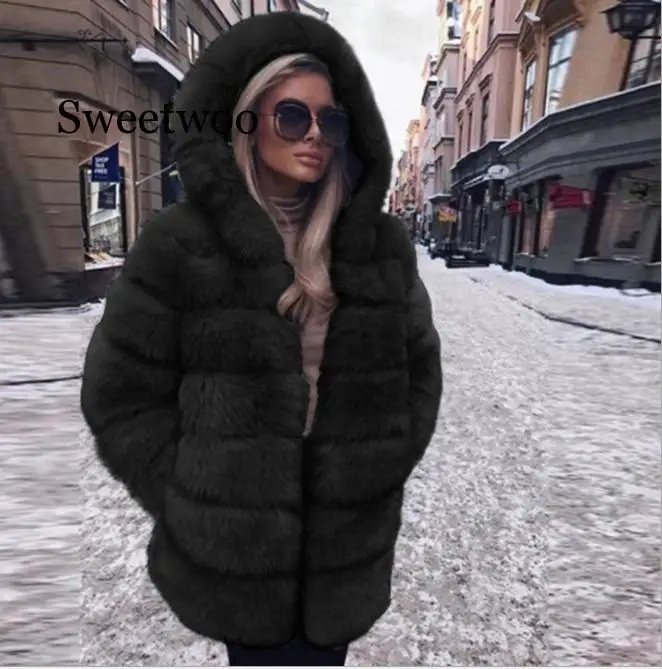 Women Fashion Luxury Faux Fur Coat Hooded Autumn Winter Warm Overcoat Woman Warm Fake Fur Solid color Coats Female Ladies