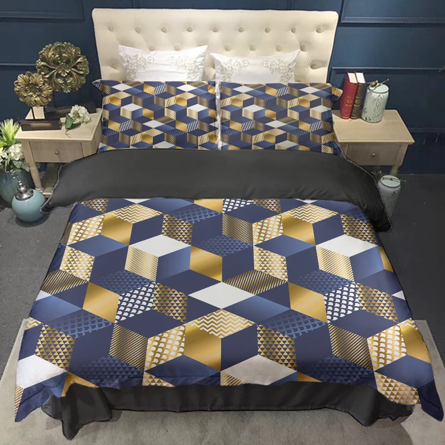 

oentyo Luxury Duvet Cover Euro Bedding Set 3D Print Geometric Black Gold White Queen King 220x240 For Double Bed 200x220