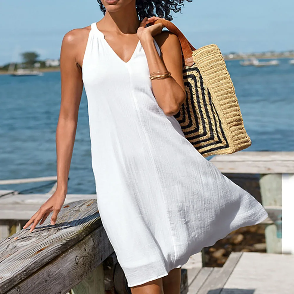 

Western Style Women's Explosion 2021 Summer New Solid Color V-neck Women's Dress Fashion Loose Casual Sandy Beach