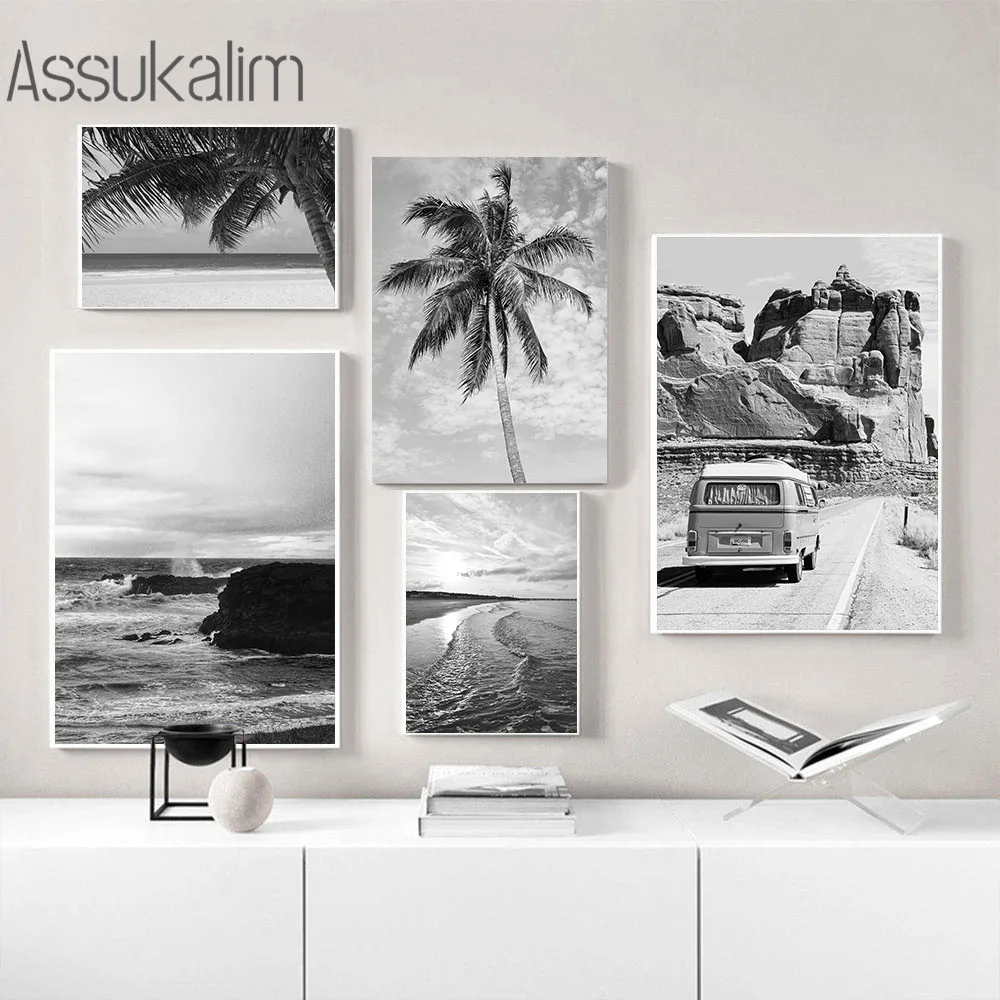 

Black And White Landscape Canvas Painting Palm Tree Art Print Beach Poster Nordic Wall Pictures For Living Room Home Decor