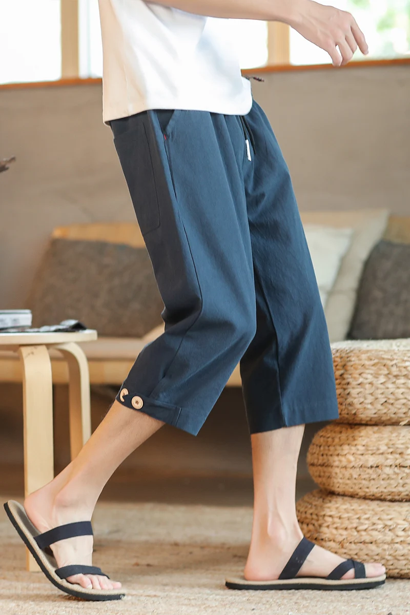 

Slim Fit Shorts Male Drawstring Pocket Elastic Joggers Thin flax 3/4 Length Trousers Male Bermuda Board Quick Drying Beach Bla