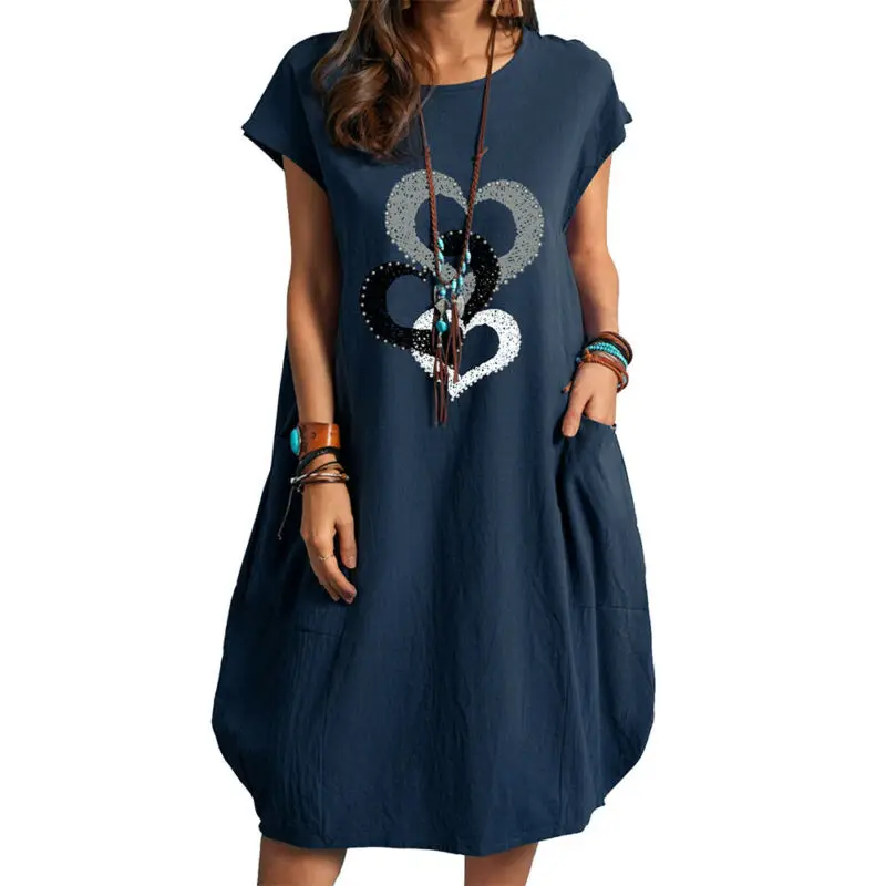 

Loose Women Short Sleeve Baggy Pockets with Pocket Midi Sundress Holiday Casual Pullover Long Tops Basic Female Dress
