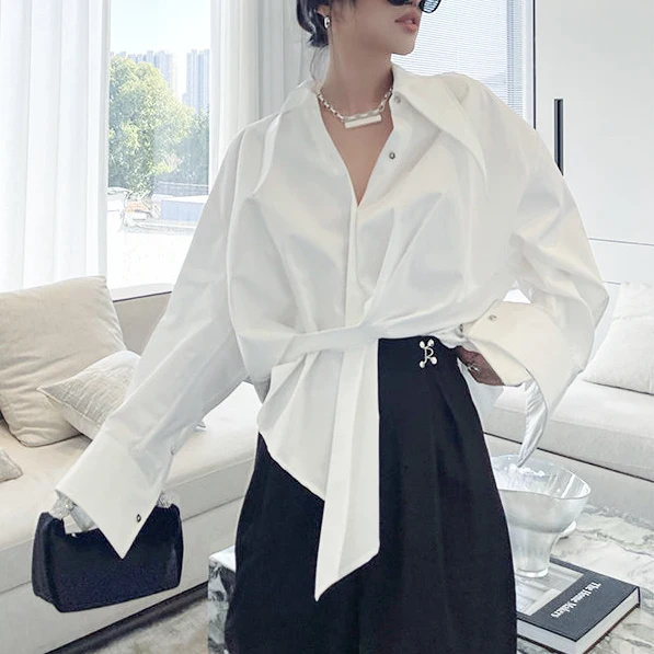

Irregular cut waist strap white shirt female design niche spring top fashion clothes woman 2020 shirts for women Button