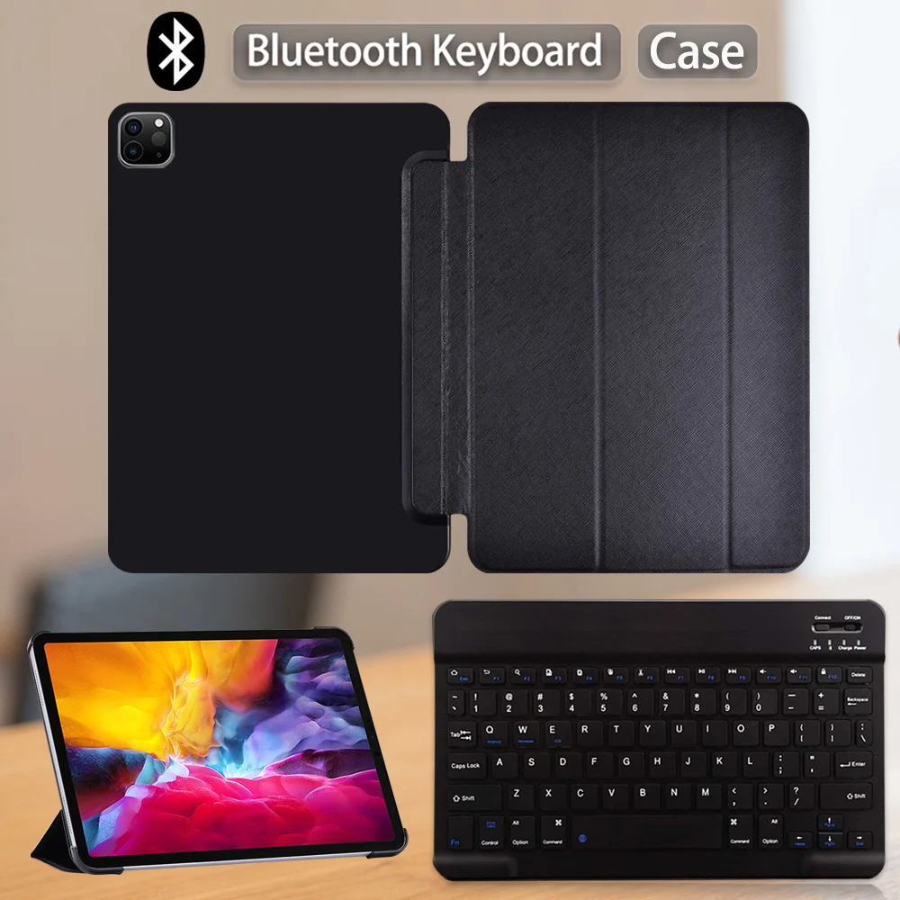 

For IPad Pro 11 2021 2020 2018 Air 4 10.9 Inch PU Leather Smart Trifold Solid Color Stand Tablet Cover + Bluetooth Keyboard