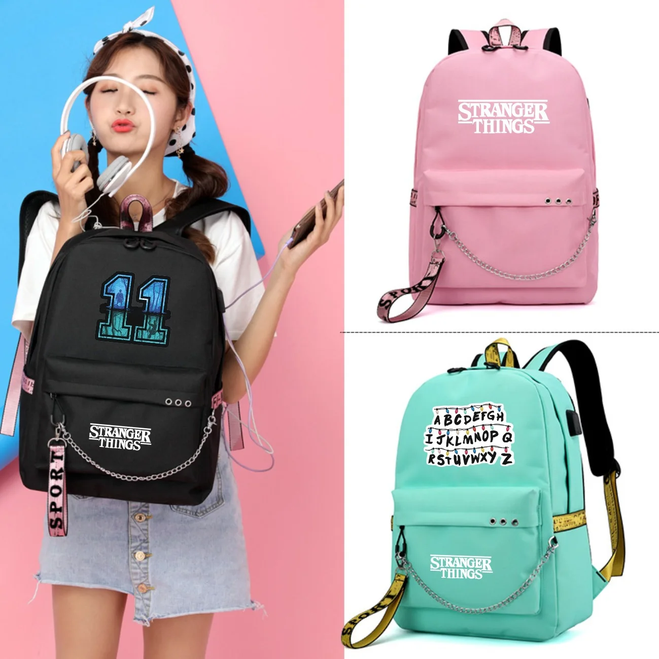 

Strange Things Backpack for Women Korean Simple College Wind Travel Casual Large Capacity School Bag USB Charging Backpacks