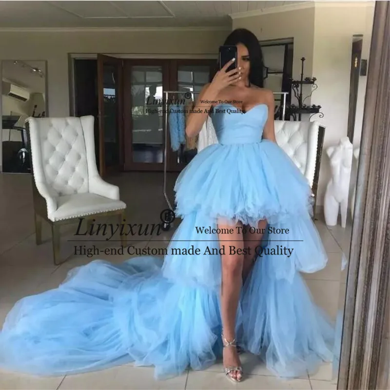

High Low Prom Dresses Sweetheart Ruffles Light Blue Tulle Short Front Long Back Party Dresses Graduation Evening Gowns