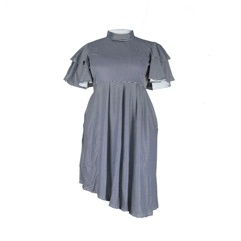 

Summer plus size dress 4XL-8XL fashion women's striped zipper round neck asymmetrical hem lotus leaf sleeve plus size dress