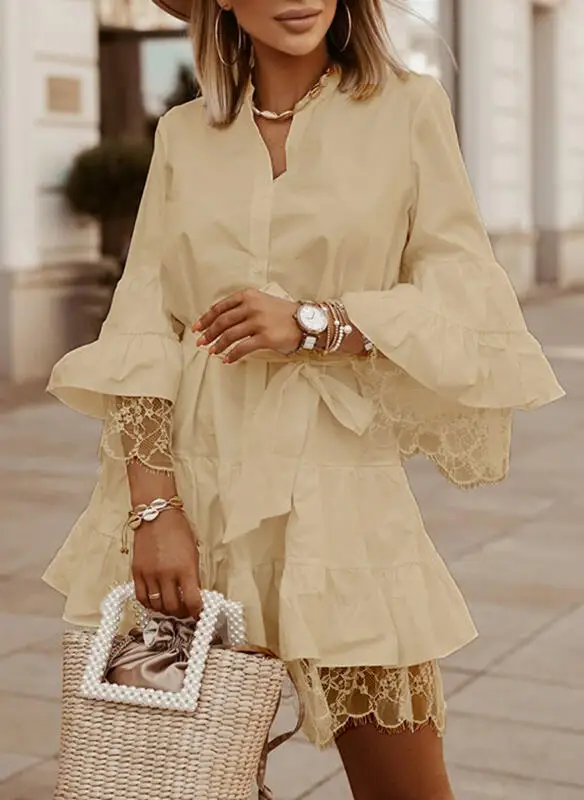 

2021 Elegant Spring Flare Sleeve Lady Shirt Dress Summer Patchwork Lace Belted Party Dress Women Casual V Neck Button Mini Dress