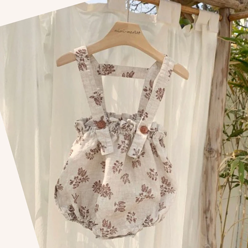 

Linen Cotton Baby Boys Romper Summer Floral Printing Pattern Baby Strap Jumpsuit for Toddler Girls Bodysuit Overalls Children